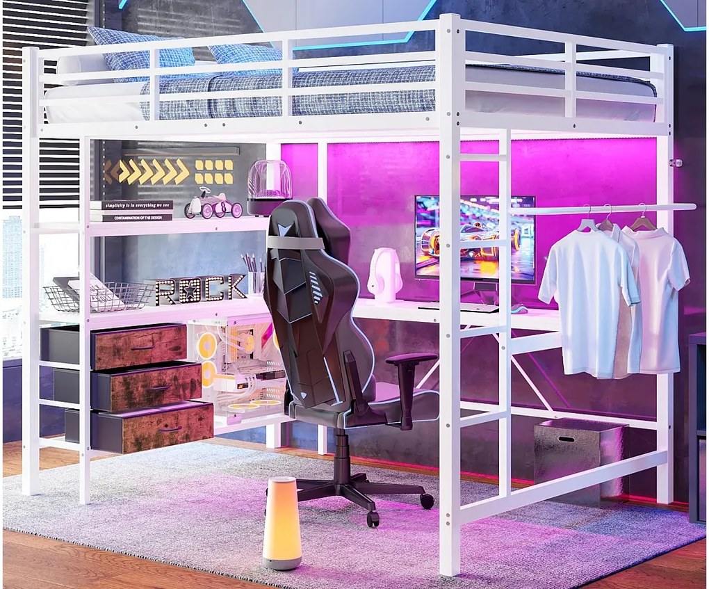 Łóżko mezzanine 140x200cm z LED i gniazdkami - biurko z 3 szufladami i półką - Białe