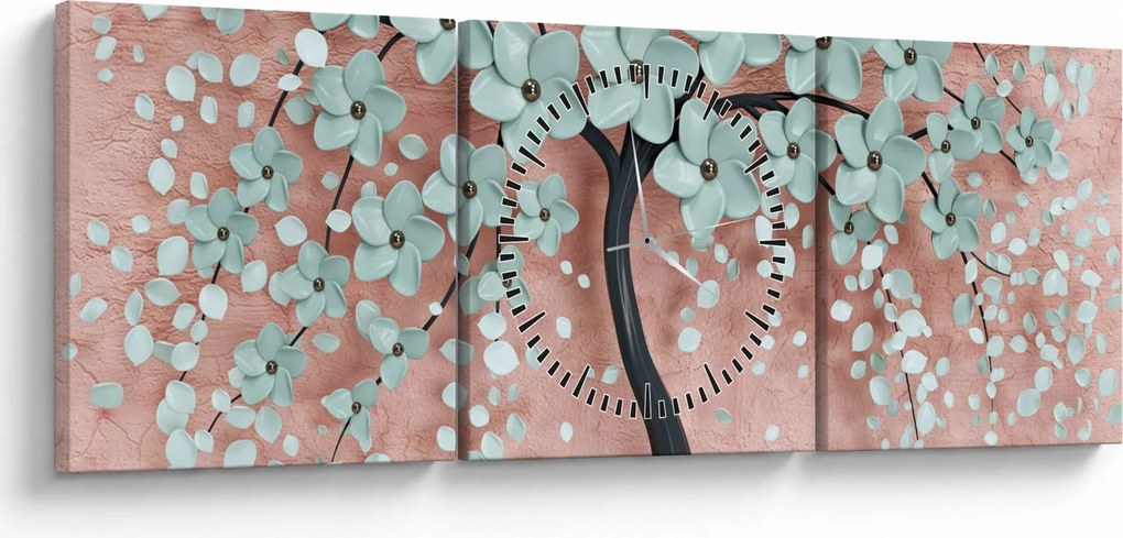 Obraz - Pastelowe niebieskie kwiaty (z zegarem) (90x30 cm)