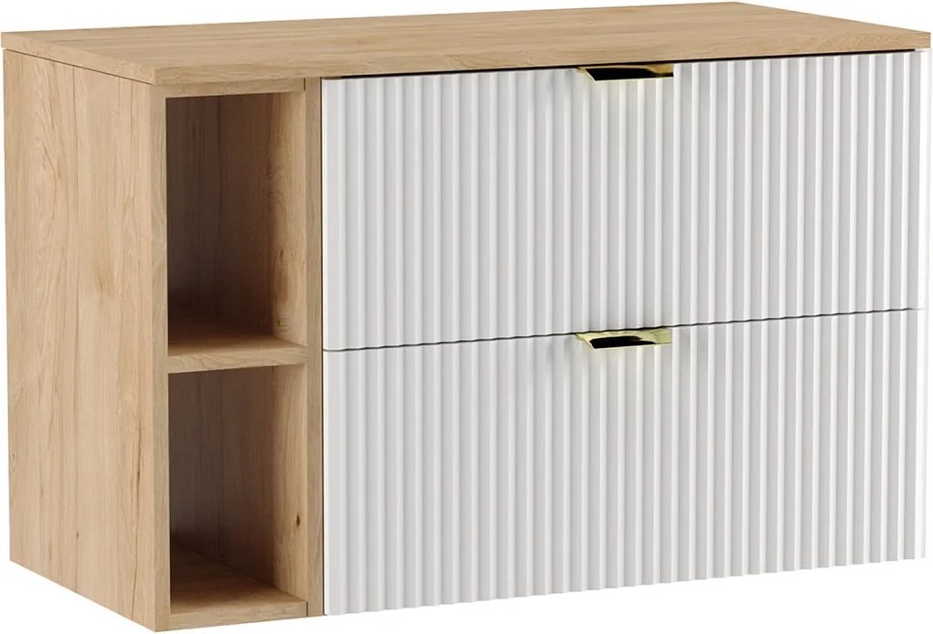 Szafka pod umywalkę WENA, z regałem, ryflowane fronty, Willy, 100x60x47 cm, Biała/Orzech