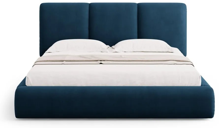 Ciemnoniebieskie tapicerowane łóżko dwuosobowe ze schowkiem i stelażem 140x200 cm Brody – Mazzini Beds