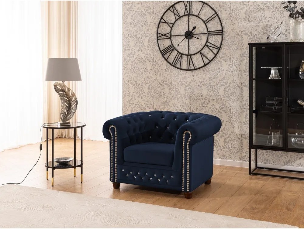 Niebieski aksamitny fotel typu chesterfield York Blik – Ropez