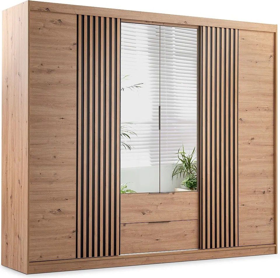 Szafa 4-drzwiowa z 2 szufladami - Z lustrem - szer. 250 cm - Naturalny - SIDOVIA