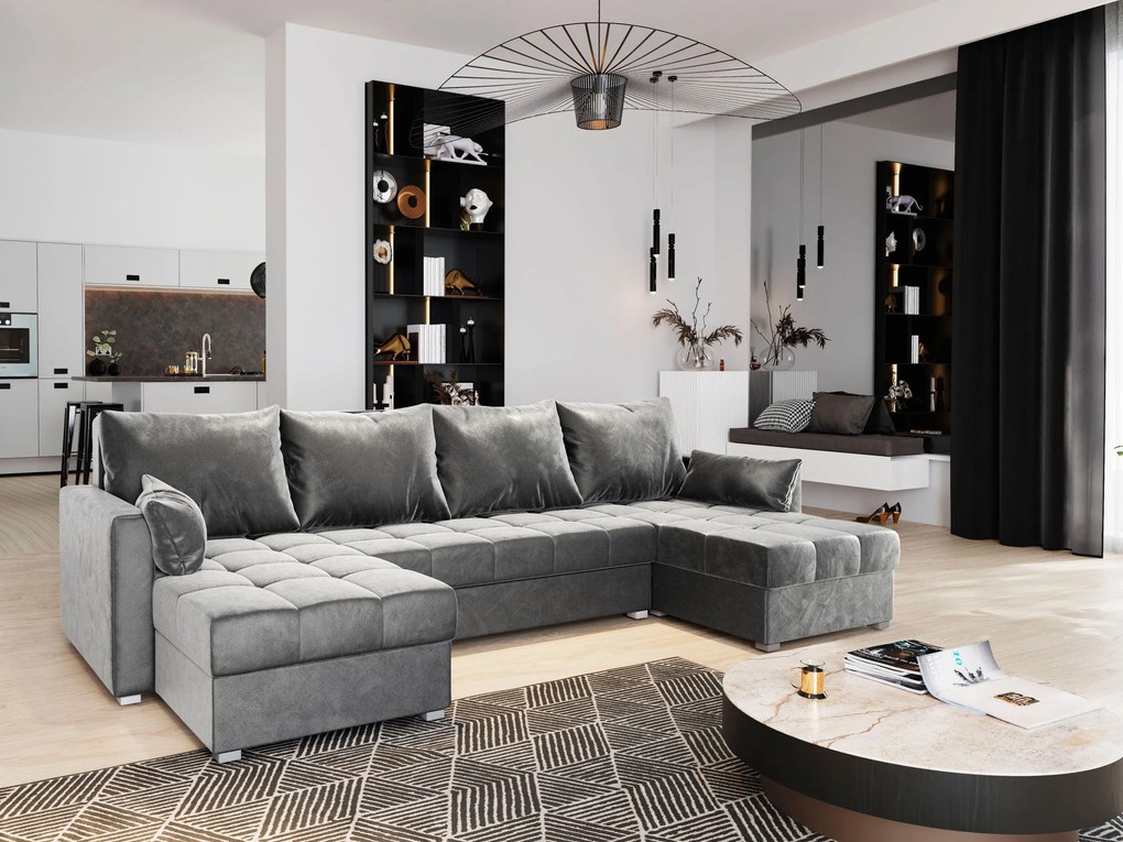 Masseno Narożnik NAKO z funkcją spania i pojemnikiem na pościel Narozniki U, Rozkładana sofa - Jasnoszary, PAROS 05