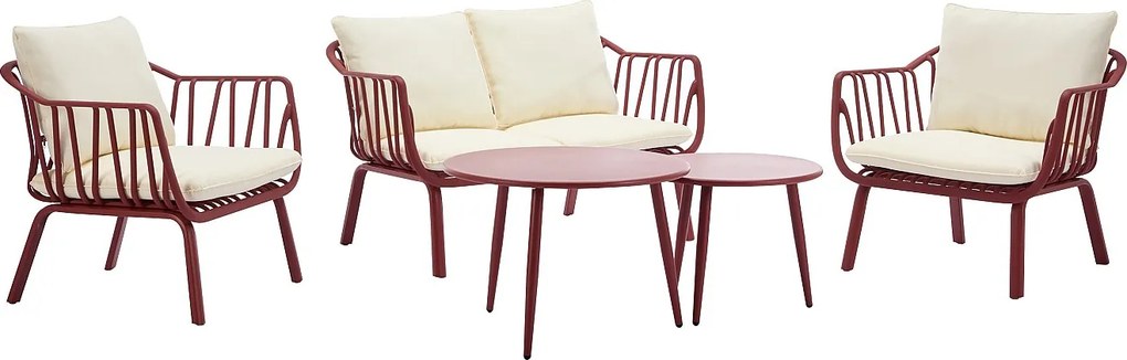 Zestaw mebli ogrodowych z polipropylenu i metalu: kanapa 2-osobowa, 2 fotele i 2 stoliki kawowe - Bordowy - LOYNA marki MYLIA