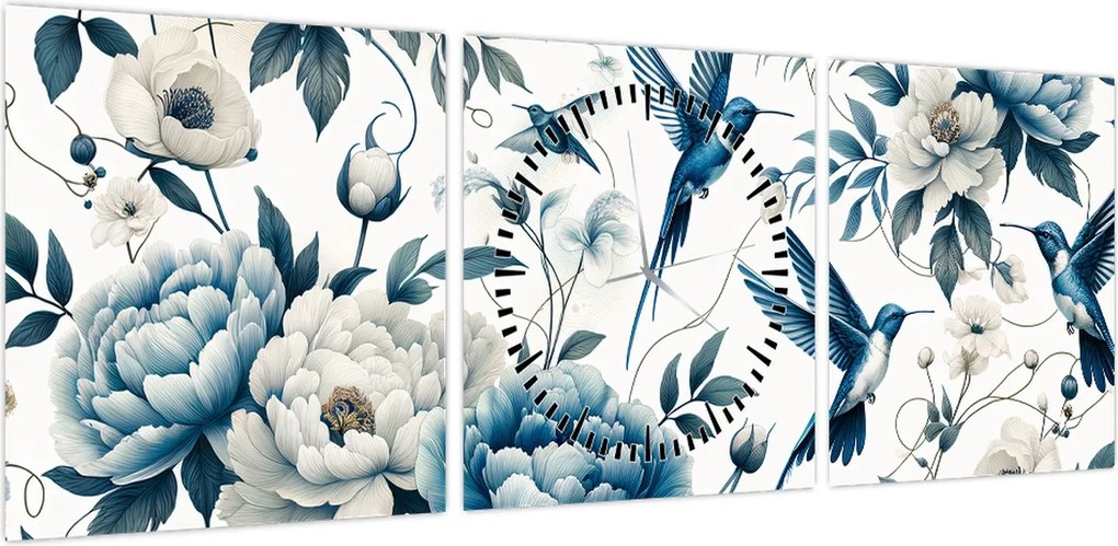 Obraz - Kolibry z kwiatami (z zegarem) (90x30 cm)