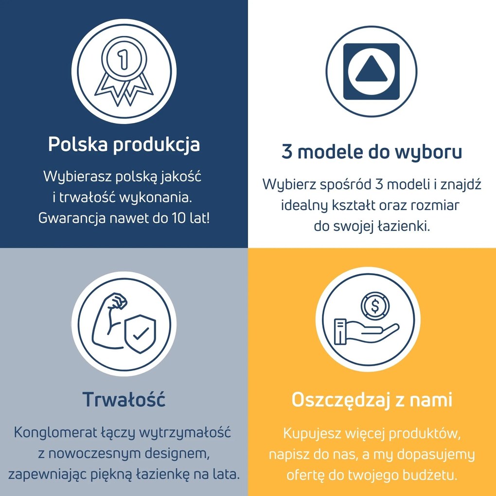 Brodzik z konglomeratu kwadratowy RONA  | Różne rozmiary | Różne kolory : Kolor - Biały połysk, Rozmiar - 100x100 cm