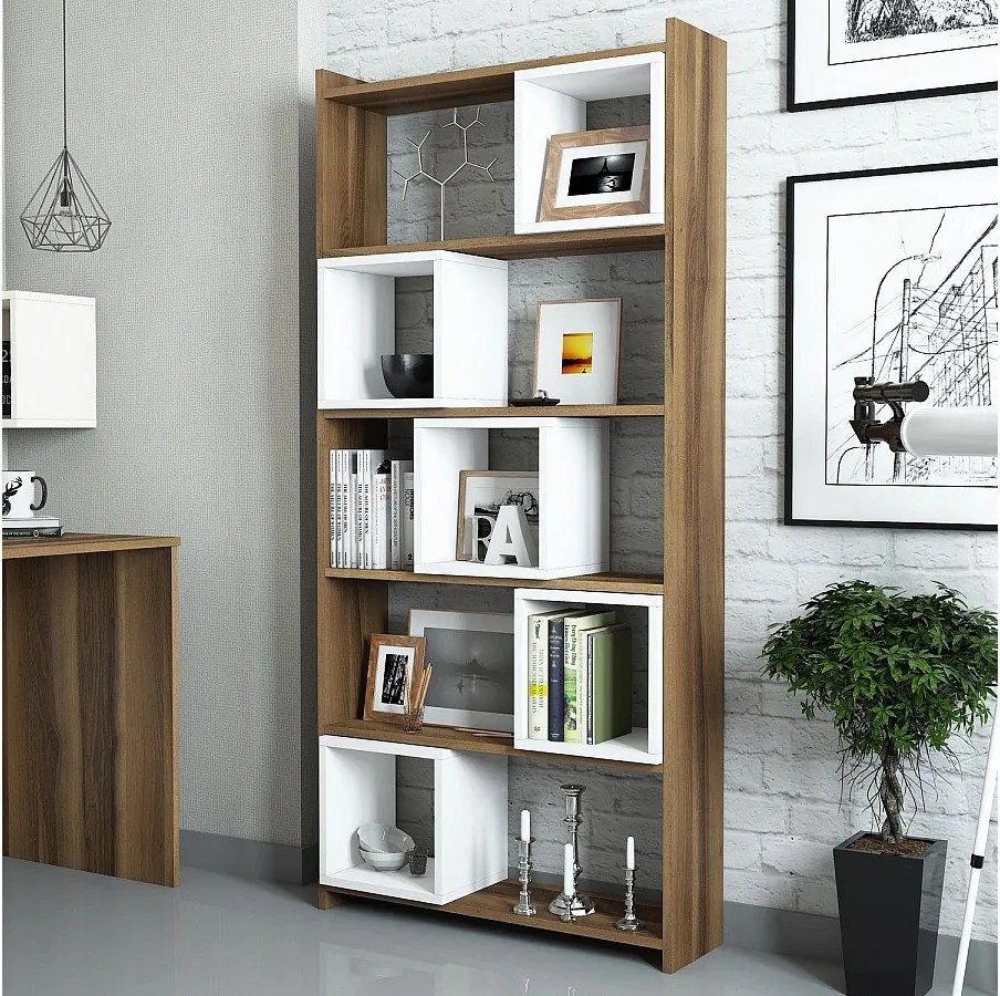 Nowoczesny regał na książki – 80 x 170 x 22 cm – Biały i orzechowy – Melamina