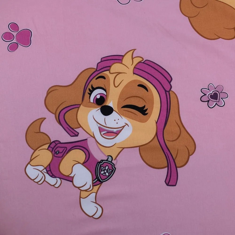 Różowe bawełniane prześcieradło dziecięce jednoosobowe z gumką 90x200 cm Paw Patrol – Jerry Fabrics