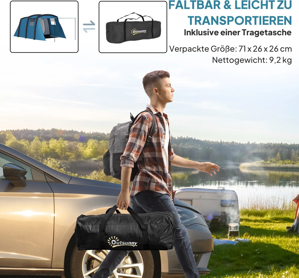Outsunny Nadmuchiwany Namiot Kempingowy 3-6 Osób Namiot Tunelowy na Zewnątrz z Bocznymi Oknami, Drzwiami, Pompowanymi Belkami, 4,4 x 2,8 x 1,95 m, Niebieski