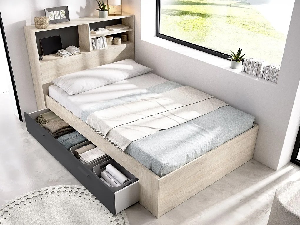 Łóżko 120 x 190 cm ze skrzynią  - Kolor: Naturalny i antracyt + Stelaż - VARDIEL