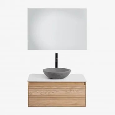 Zestaw Wiszących Mebli Łazienkowych Z Drewna Jesionowego Tedrik Popielaty Brąz & Okrągły Szary Cement Ø40 - Sklum