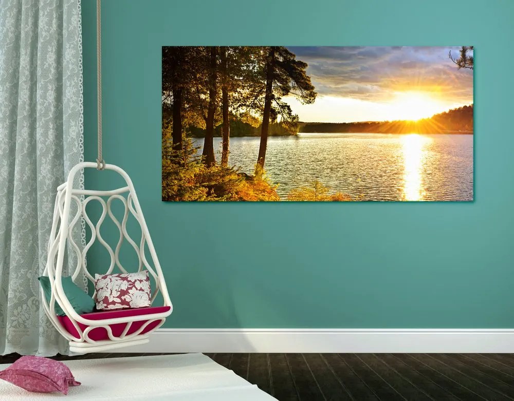 Obraz zachód słońca nad jeziorem