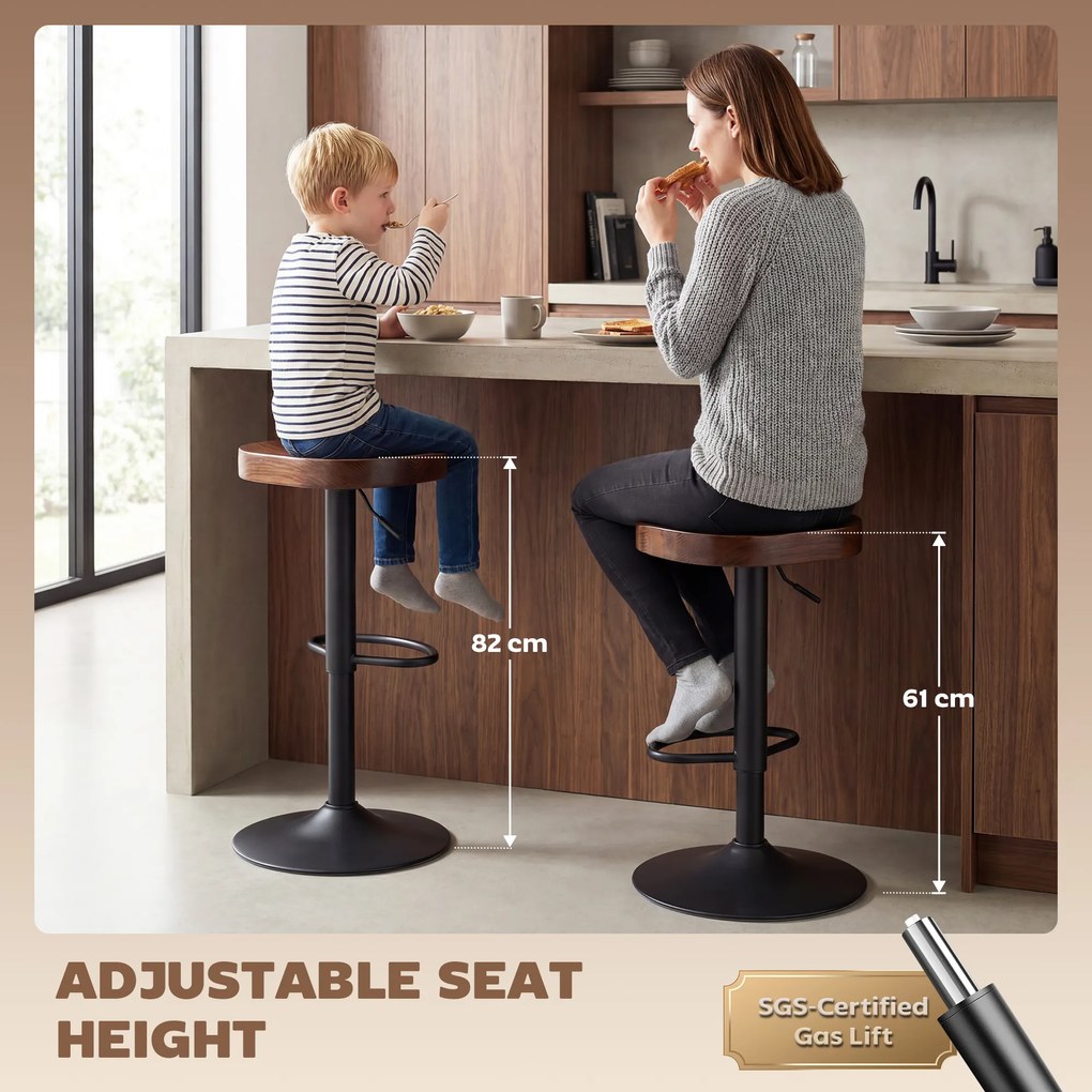 HOMCOM Hokery zestaw 2 sztuki, regulowane obrotowe krzesła z siedziskiem z wiązu, ciemnobrązowe | Aosom PL