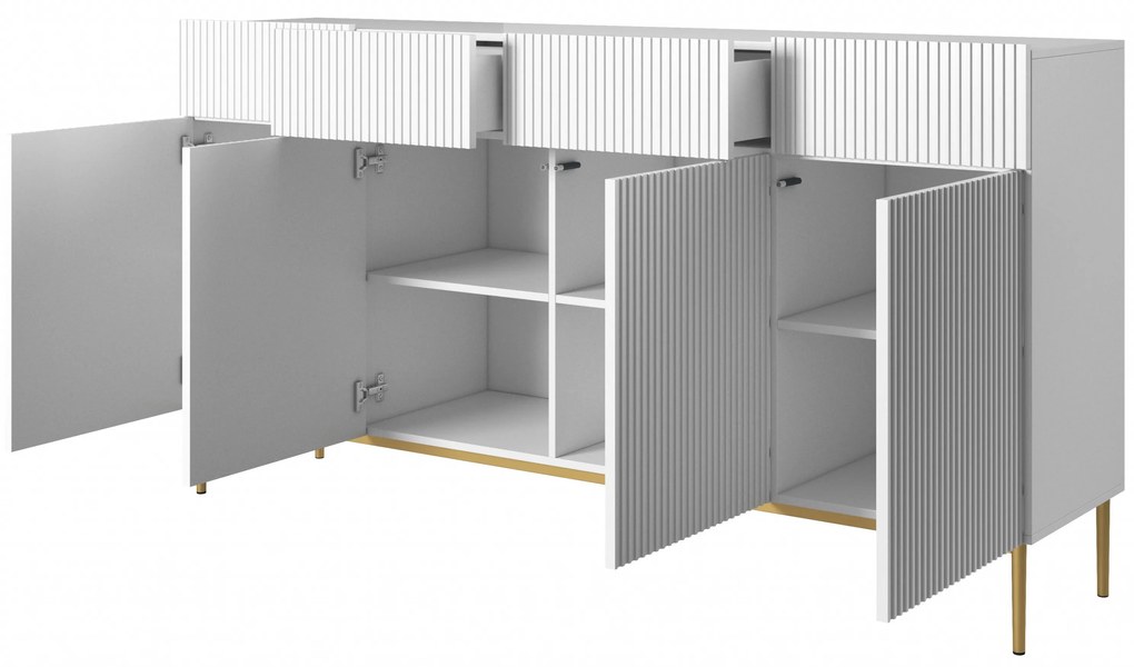 Komoda czterodrzwiowa Nicole 200 cm z szufladami z ryflowanym frontem - biały mat / złote nóżki