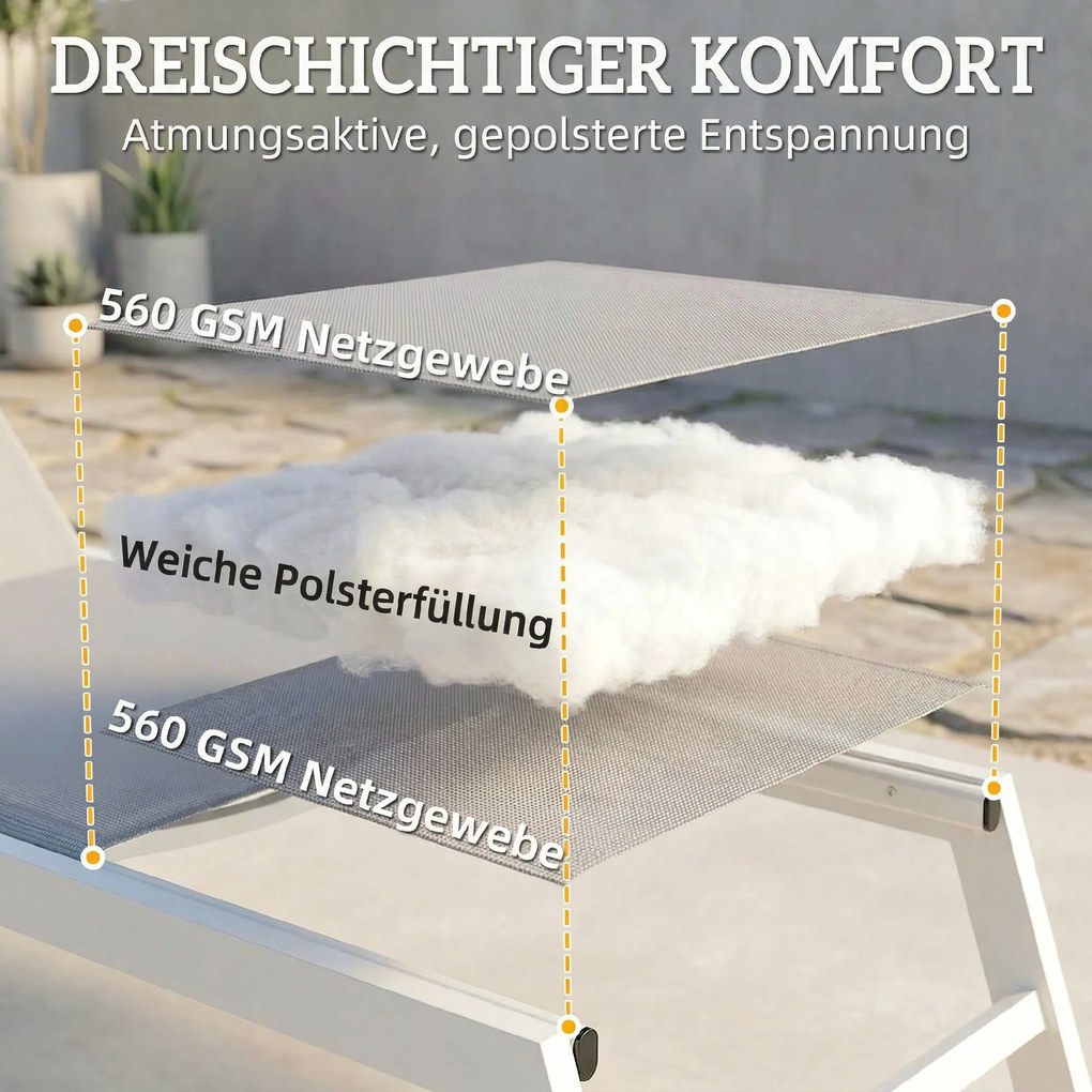 Outsunny Leżak oddychający — leżanka ogrodowa z 6-stopniowo regulowanym oparciem, rama aluminiowa, jasnoszary | Aosom PL