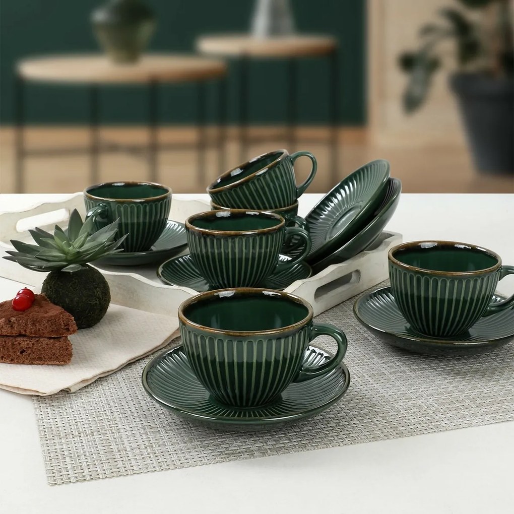 Zestaw 6 filiżanek ceramicznych ze spodkami Linea 210 ml, zielony