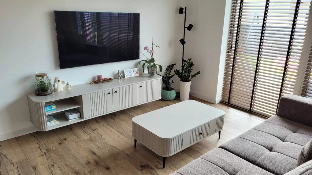 Szafka RTV wisząca Vesper 3D 187 cm - kaszmir / czarne uchwyty