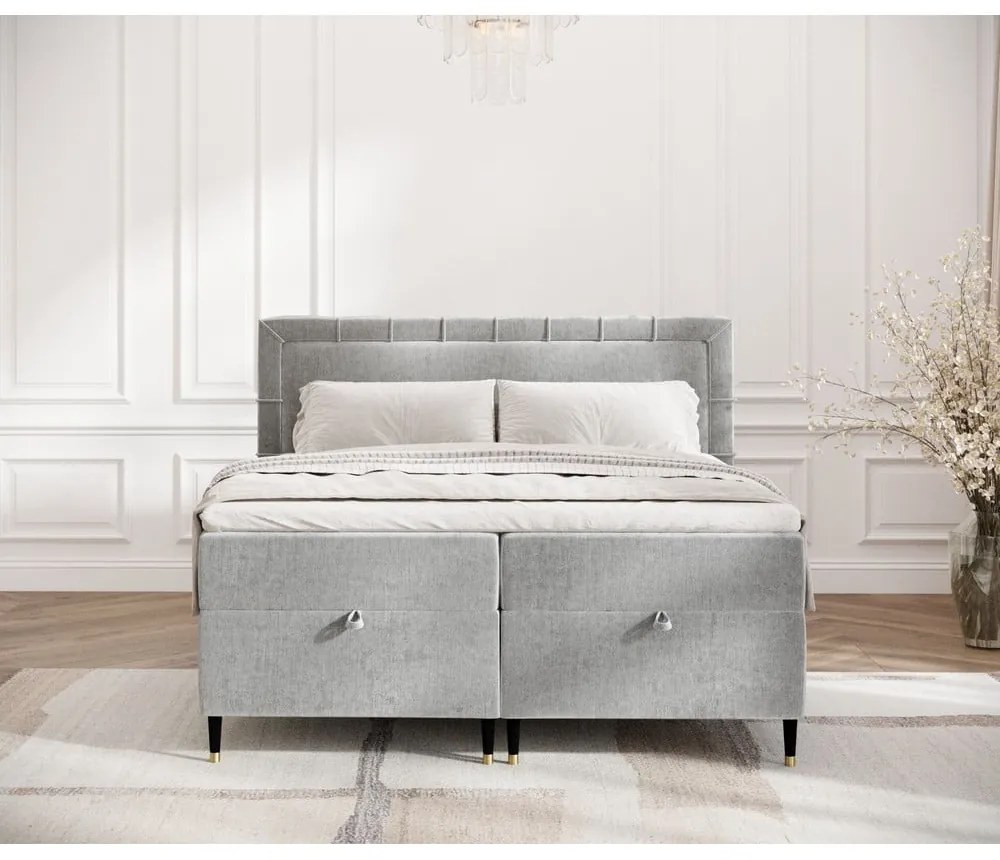 Jasnoszare łóżko boxspring ze schowkiem 160x200 cm Voyage – Maison de Rêve