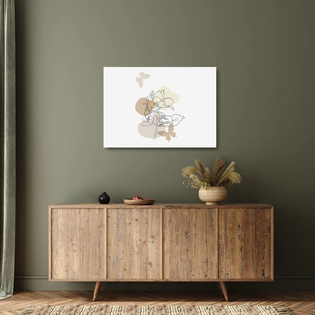 Obraz na szkle - Beżowe kwiaty z motylem N⁰1 (70x50 cm)