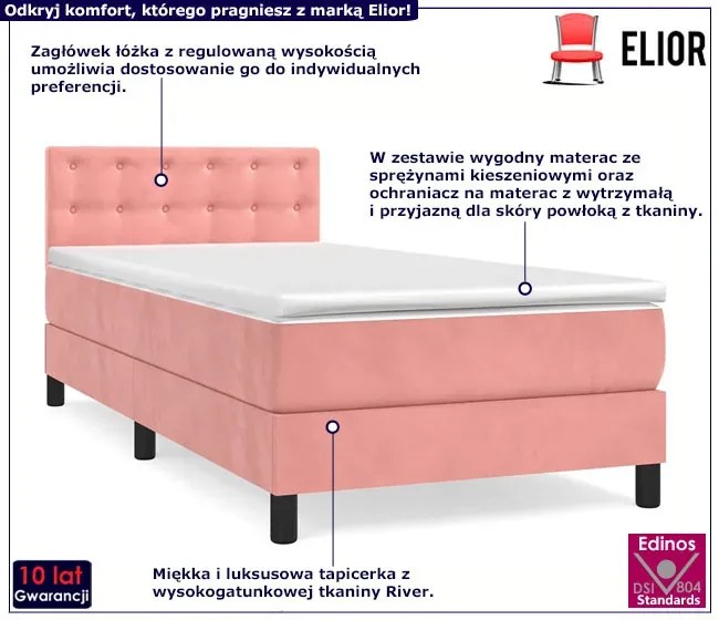 Aksamitne różowe łóżko kontynentalne z materacem 90x200 - Lisila 4X