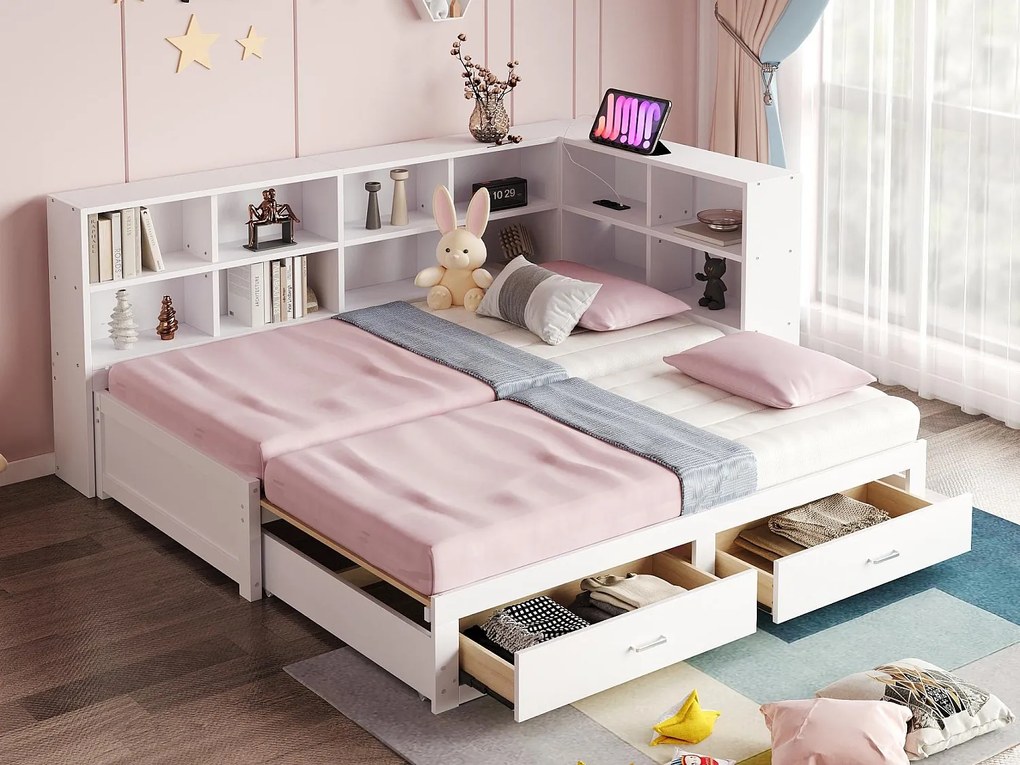 Kanapa rozkładana z litego drewna 90x190 cm - z łóżkiem wysuwanym - z przegródką do przechowywania - z 2 szufladami - biały