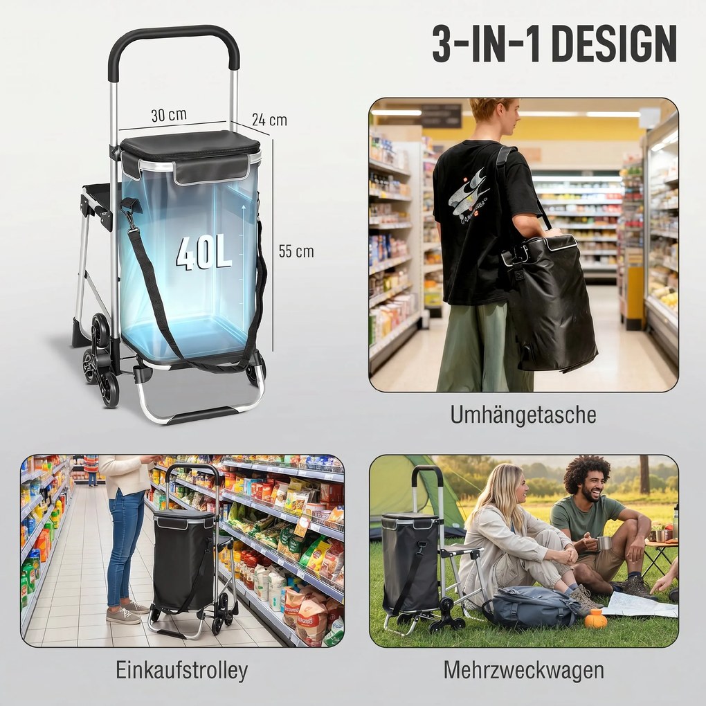 HOMCOM wózek na zakupy, torba Oxford 40 l, design 3 kół, rama aluminiowa, siedzisko, ciemnoszary | Aosom PL