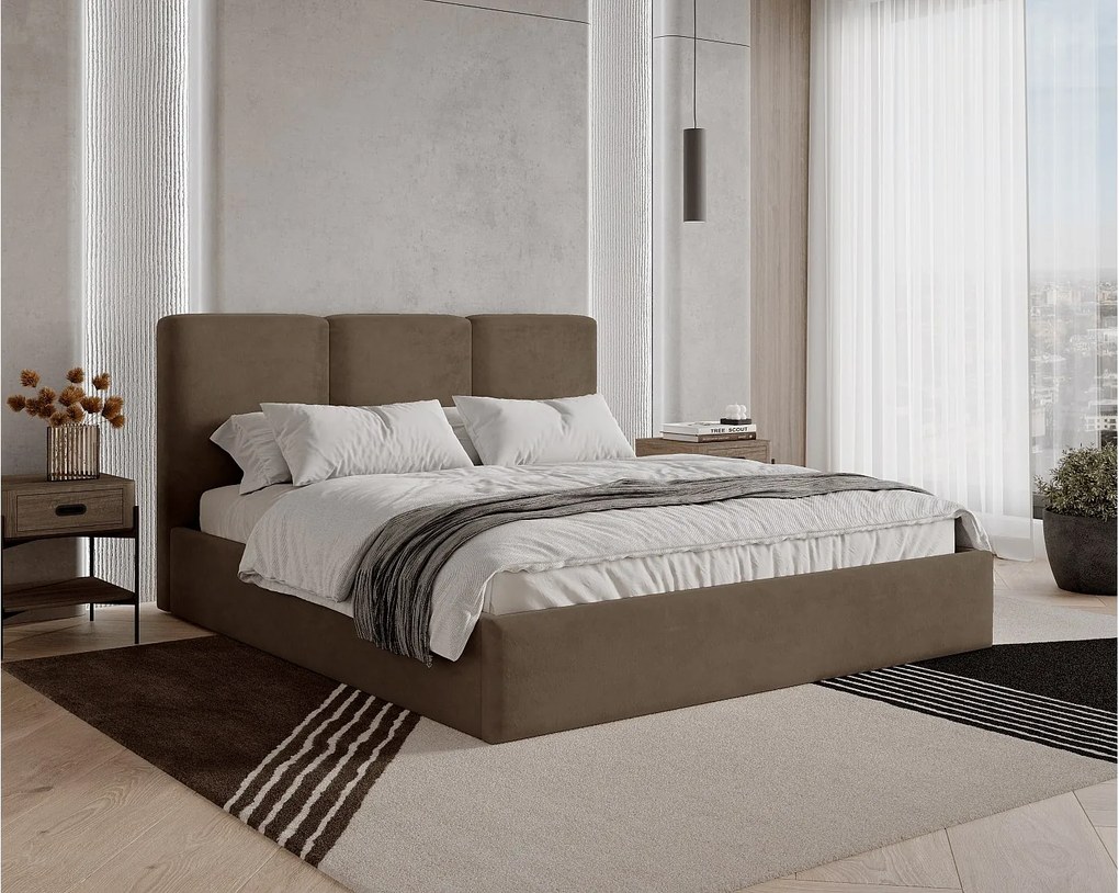 BESILIO Łóżko tapicerowane z pojemnikiem 200x200 Mira - Łóżko slim, łóżko minimalistyczne, stelaż metalowy- Brązowy