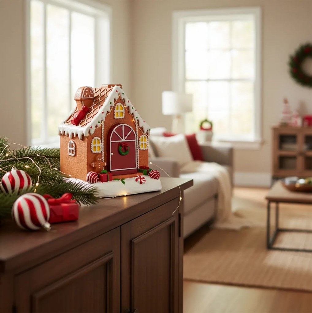 Domek z piernika, 8 LED, ruchomy z dźwiękiem, 16,2 cm