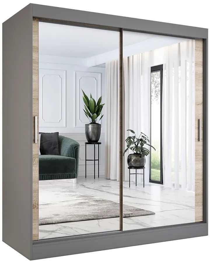Szafa przesuwna z lustrami 180 cm antracyt + dąb sonoma- Kukkin 5X