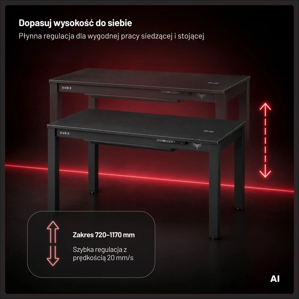 Biurko gamingowe z elektryczną regulacją wysokości Diablo X-Rift 120x63 cm, czarne