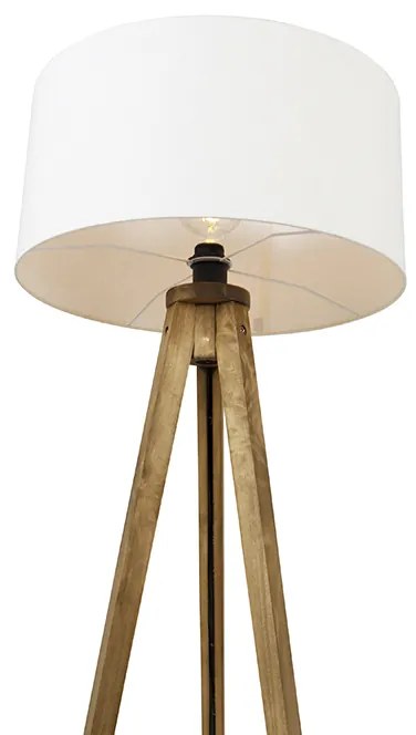 Rustykalna lampa stojąca na trójnogu z drewnianą podstawą vintage z białym kloszem 50 cm - Tripod Classic Rustykalny / Vintage Oswietlenie wewnetrzne