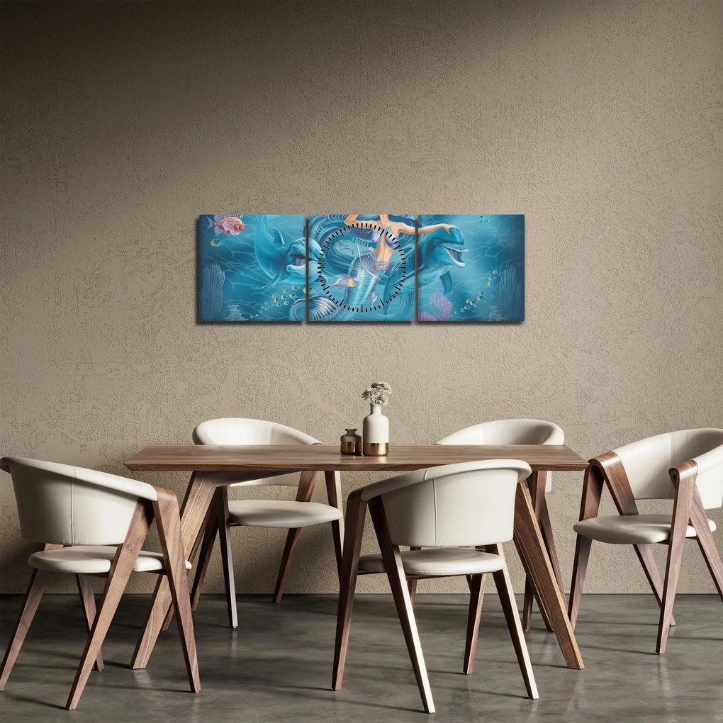 Obraz - Syrenka z delfinami (z zegarem) (90x30 cm)