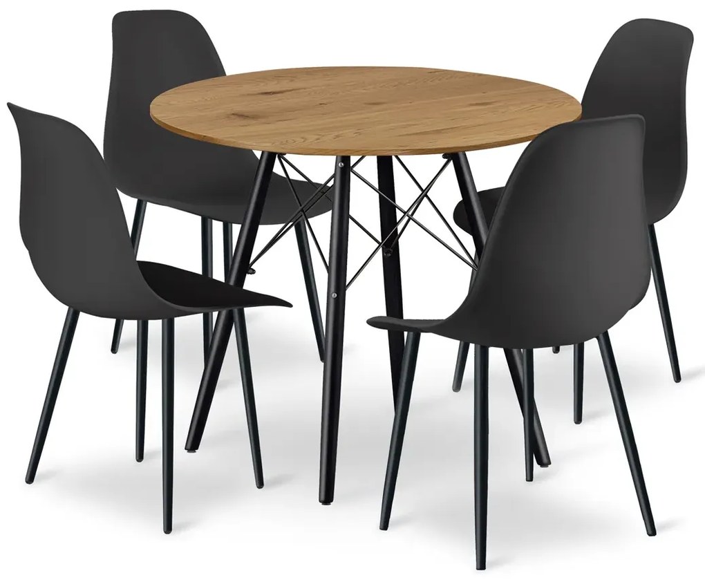 Okrągły nowoczesny stół z 4 czarnymi krzesłami  R8-N21