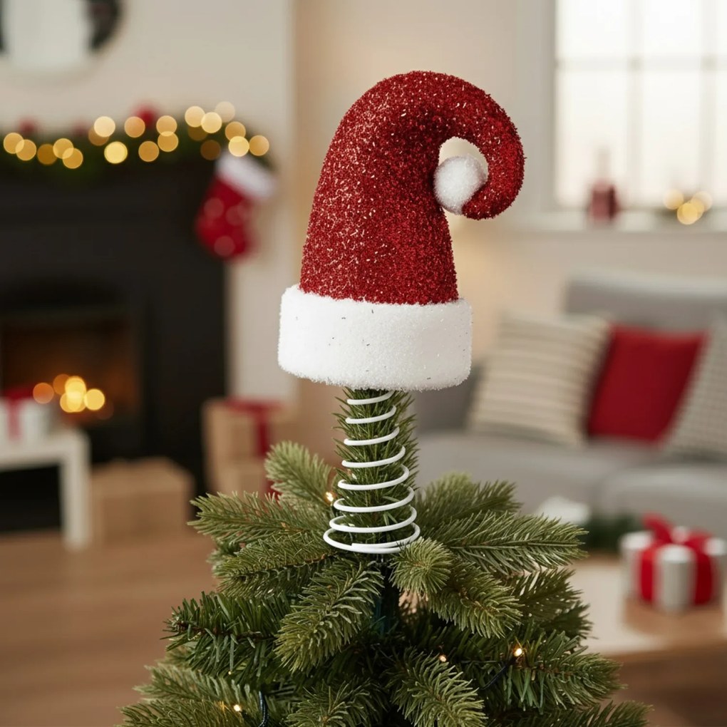 Czubek na choinkę, brokatowa czapka Mikołaja, 32 cm