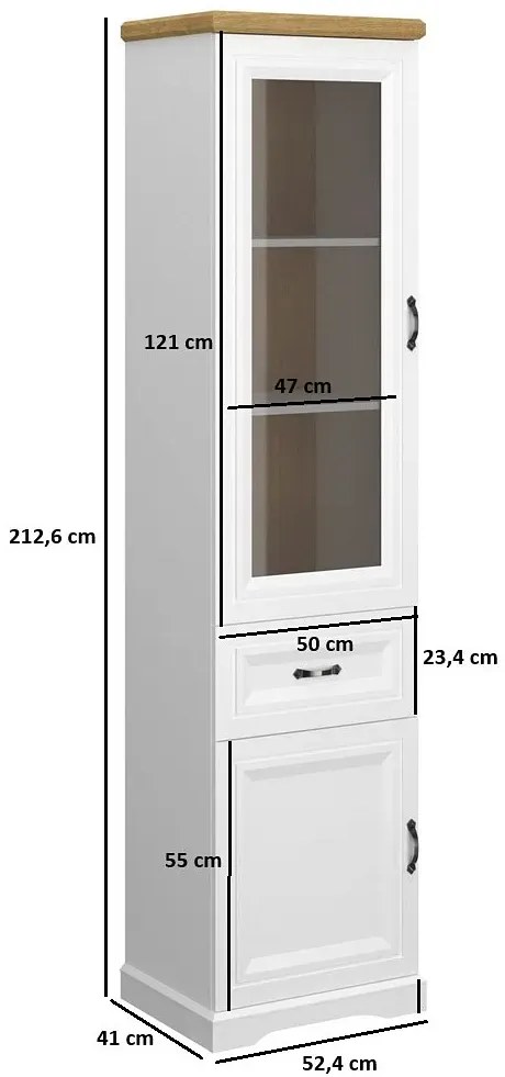 Wysoka klasyczna witryna szklana biały + dąb harbor K8-P23