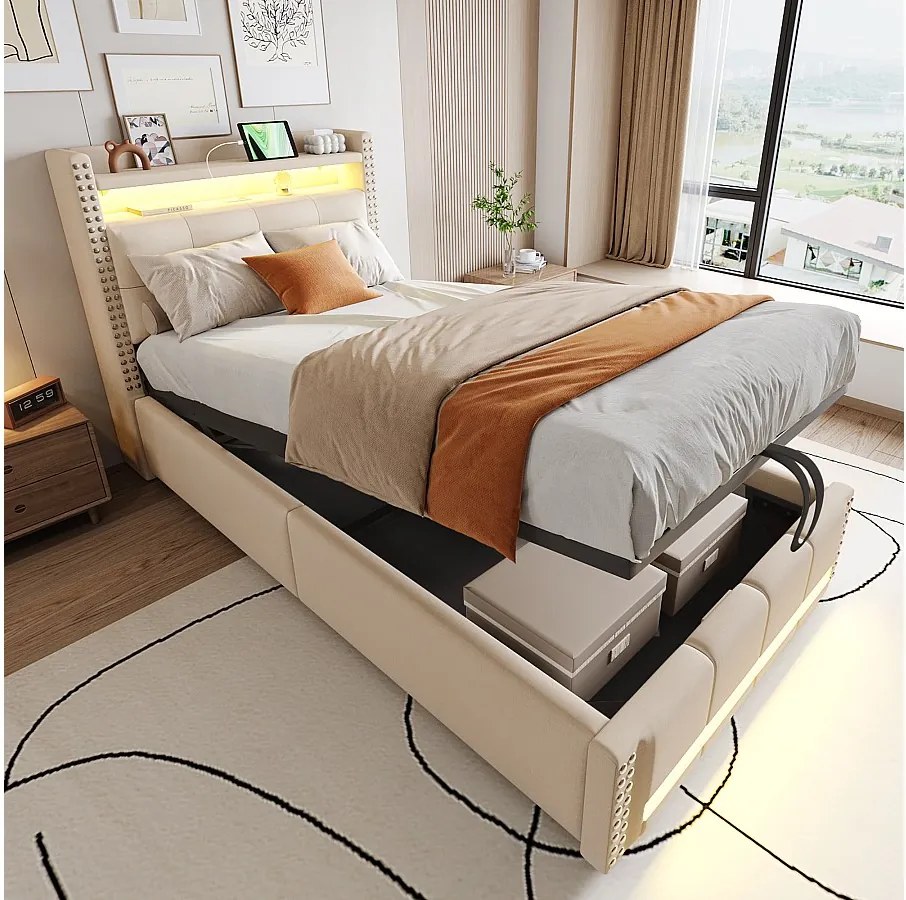 Łóżko ze schowkiem 90x200 cm - Pościel beżowa - Łóżko dziecięce z oświetleniem LED i portami USB - bez materaca