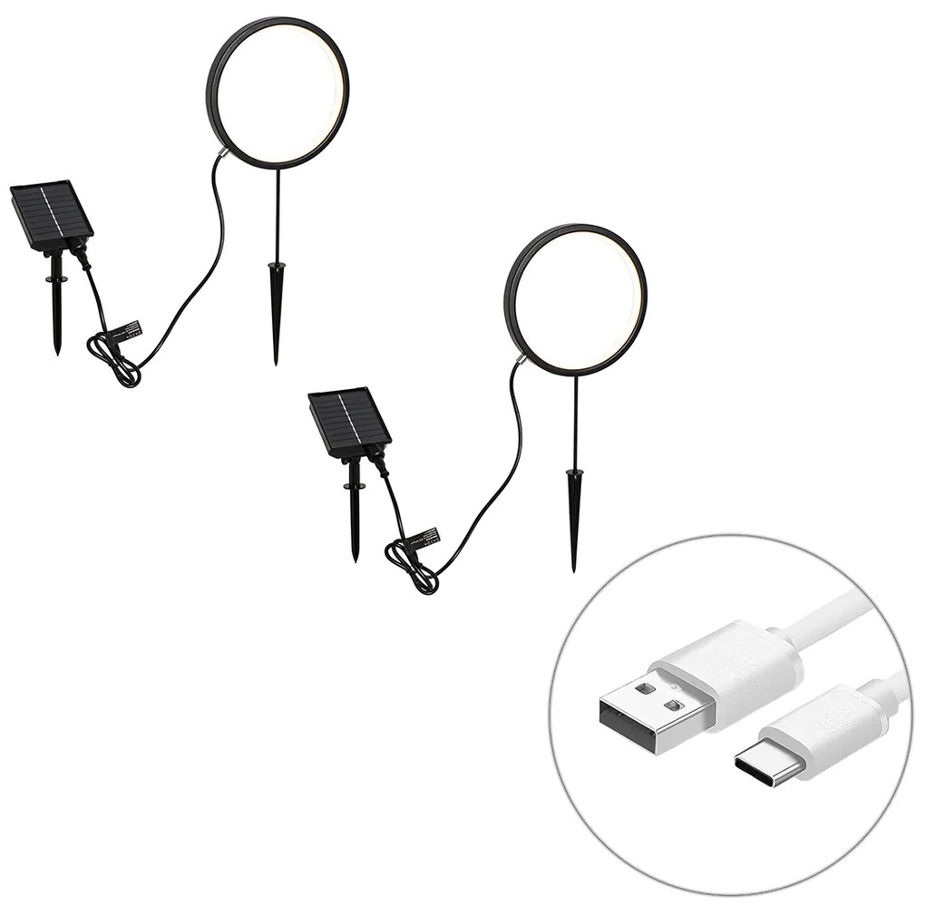 Zestaw 2 czarnych lamp na szpikulec 50 cm z wbudowanym akumulatorem LED i panelem słonecznym IP65 - Adalind