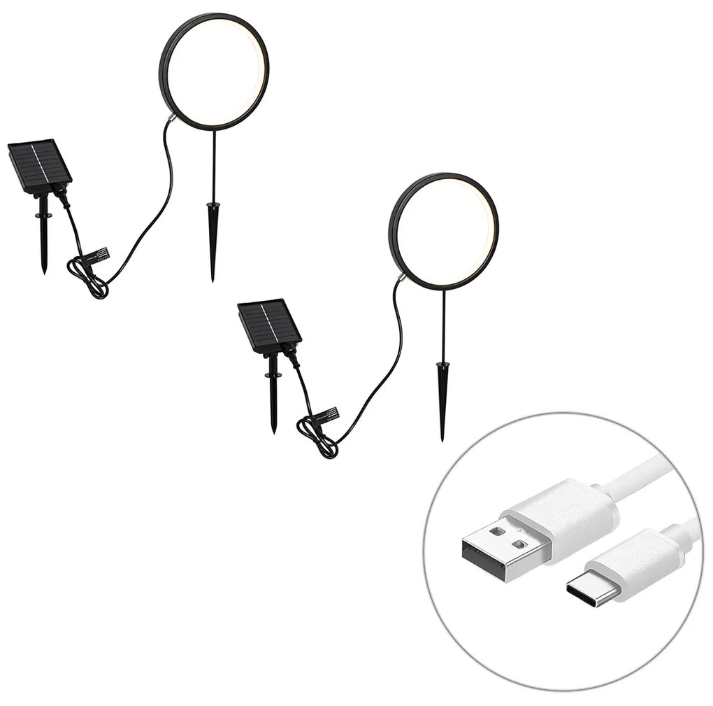 Zewnetrzna Zestaw 2 czarnych lamp na szpikulec 50 cm z wbudowanym akumulatorem LED i panelem słonecznym IP65 - Adalind Nowoczesny Oswietlenie zewnetrzne