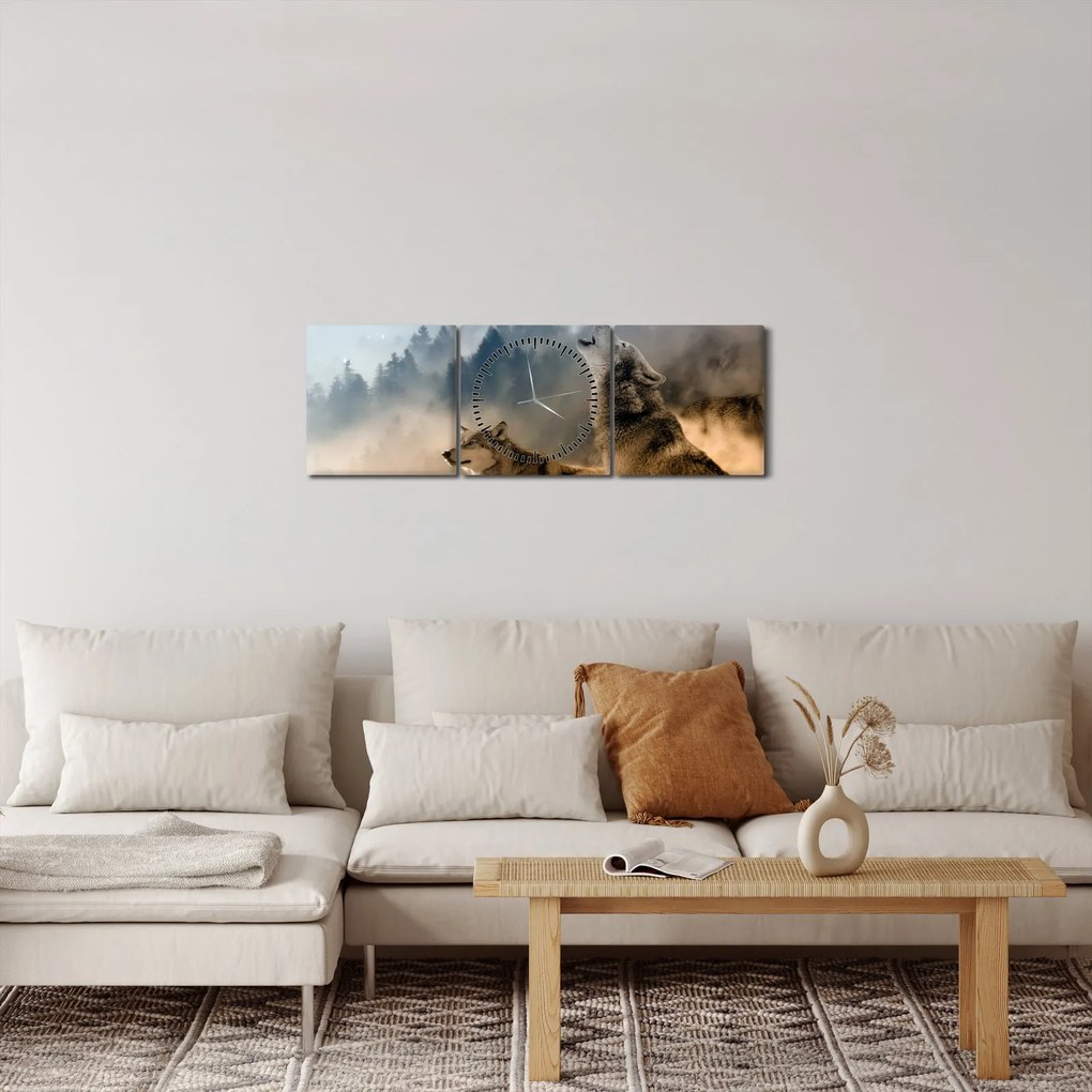 Obraz - wilki wyjące do księżyca (z zegarem) (90x30 cm)