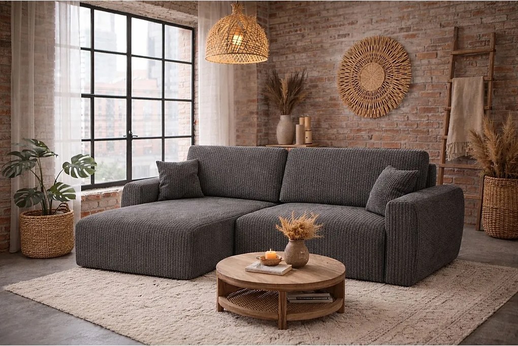 Narożnik z funkcją spania i pojemnikiem Ariel XL, tkanina sztruksowa Poso, Szary, Lewy