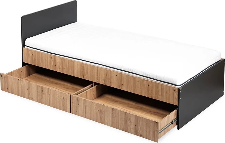 Łóżko młodzieżowe z szufladami Dalia 204x94, kolor antracyt/dąb