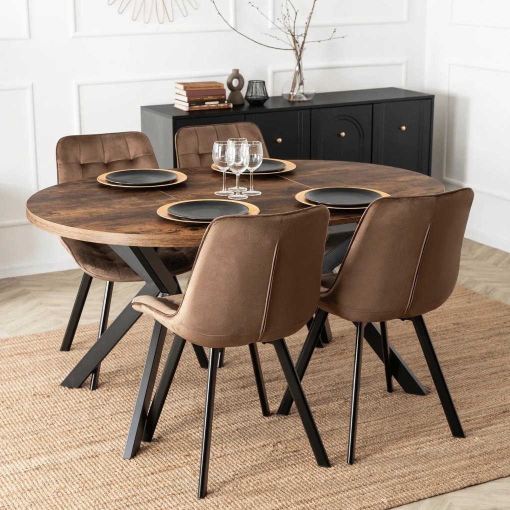Zestaw Stół Okrągły Rozkładany LUKAS 100-250 cm Dąb Rustykalny/Czarny i 4 Krzesła Tapicerowane RICK Brązowe Welurowe Nowoczesne