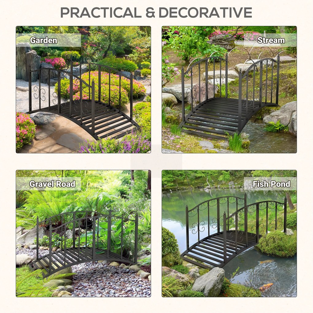 Outsunny Most ogrodowy z metalu w stylu vintage, dekoracja do ogrodu i stawu, 119x67x70 cm, czarny