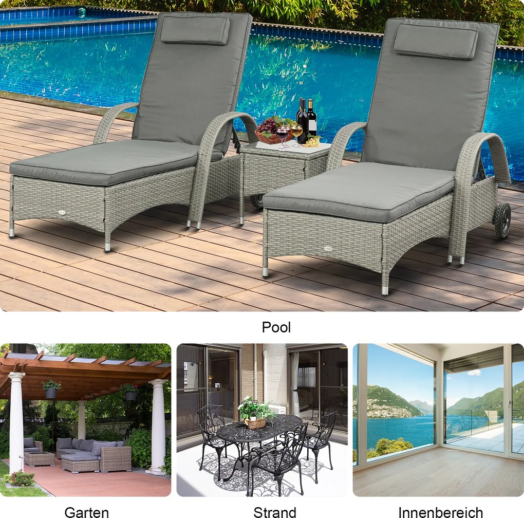 Outsunny Zestaw leżaków ogrodowych z technorattanu ze stolikiem, meble ogrodowe z poduszkami, 4 kolory