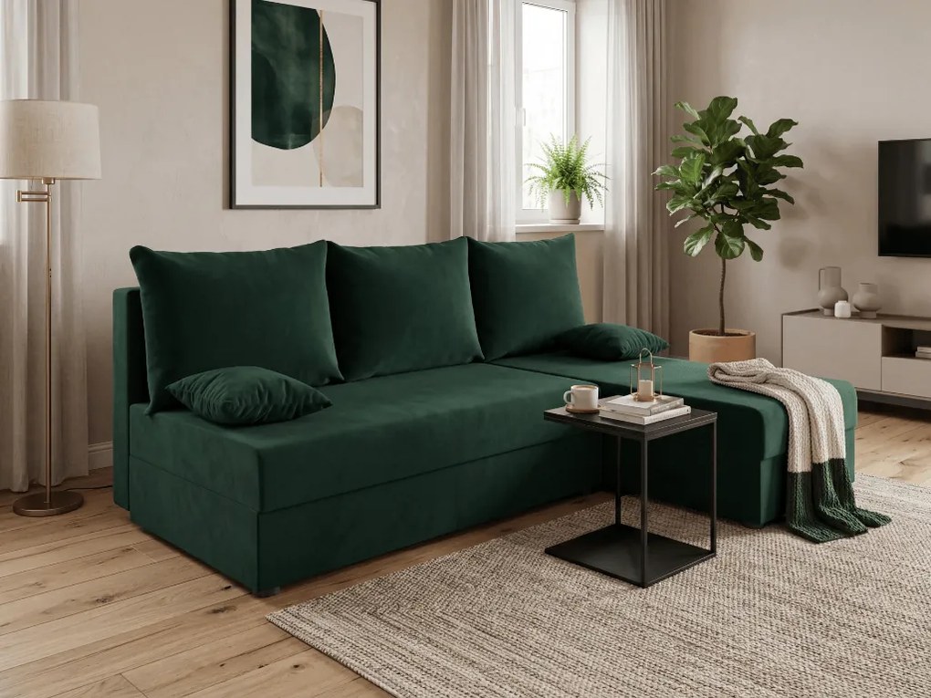 Rozkładana narożna sofa VALERIO SLIM 200x140 cm, ciemnozielona, uniwersalna + 2 poduszki GRATIS