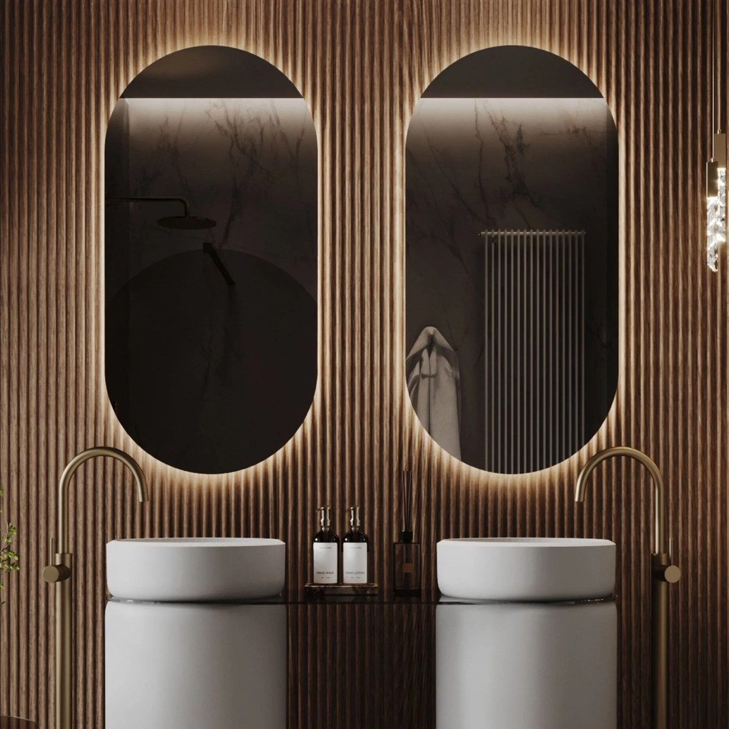 Lustro owalne podświetlane symetryczne bezramowe PLATAN LED | Różne rozmiary | Różne kolory szkła : Kolor tafli szkła - Grafit, Rozmiar - 50 x 70 cm