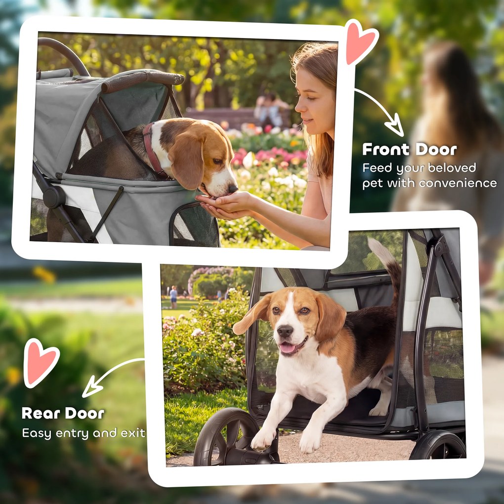 PawHut Wózek dla psa składany z zmywalną poduszką, oknami z siatki, 3 kołami, dla średnich psów do 20 kg, szary | Aosom PL