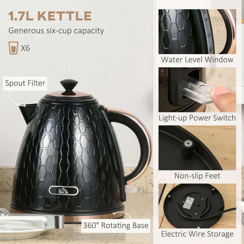 HOMCOM Zestaw kuchenny 2-w-1, toster i czajnik, kilka opcji, 1,7 L, 4 kromki jednocześnie, plastikowy, czarny