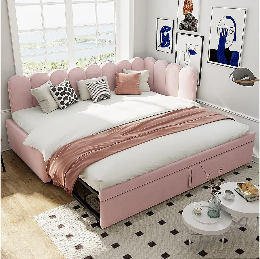 Rozkładana sofa 2 w 1 dla dzieci - 90/180 x 200 cm - w kształcie litery L - aksamit + sklejka + MDF - różowy