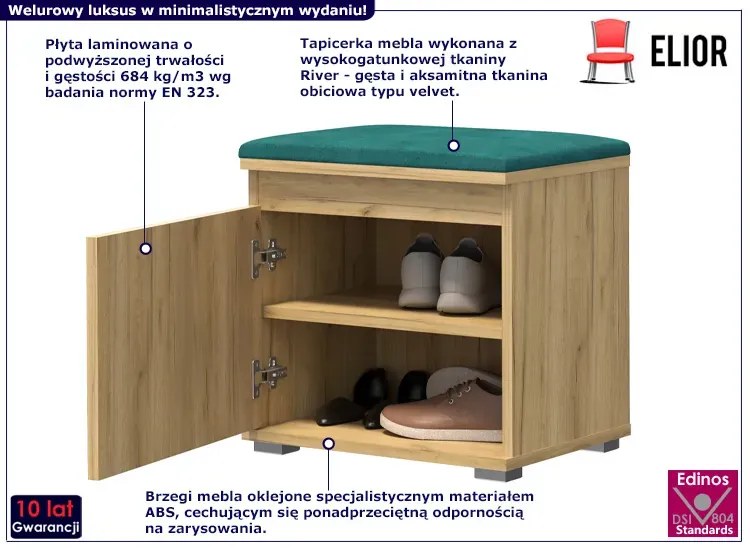 Szafka na buty z welurowym siedziskiem dąb craft + zielony - Venix 4X